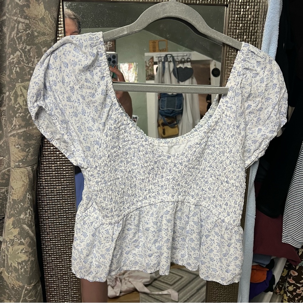 Hollister White & Light Blue Floral Smocked Peplum Crop Top